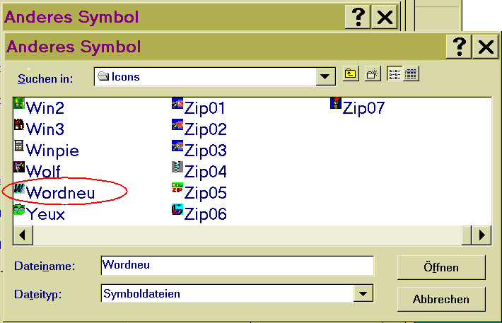 Screenshot Auswahldialogbox für Symbole
